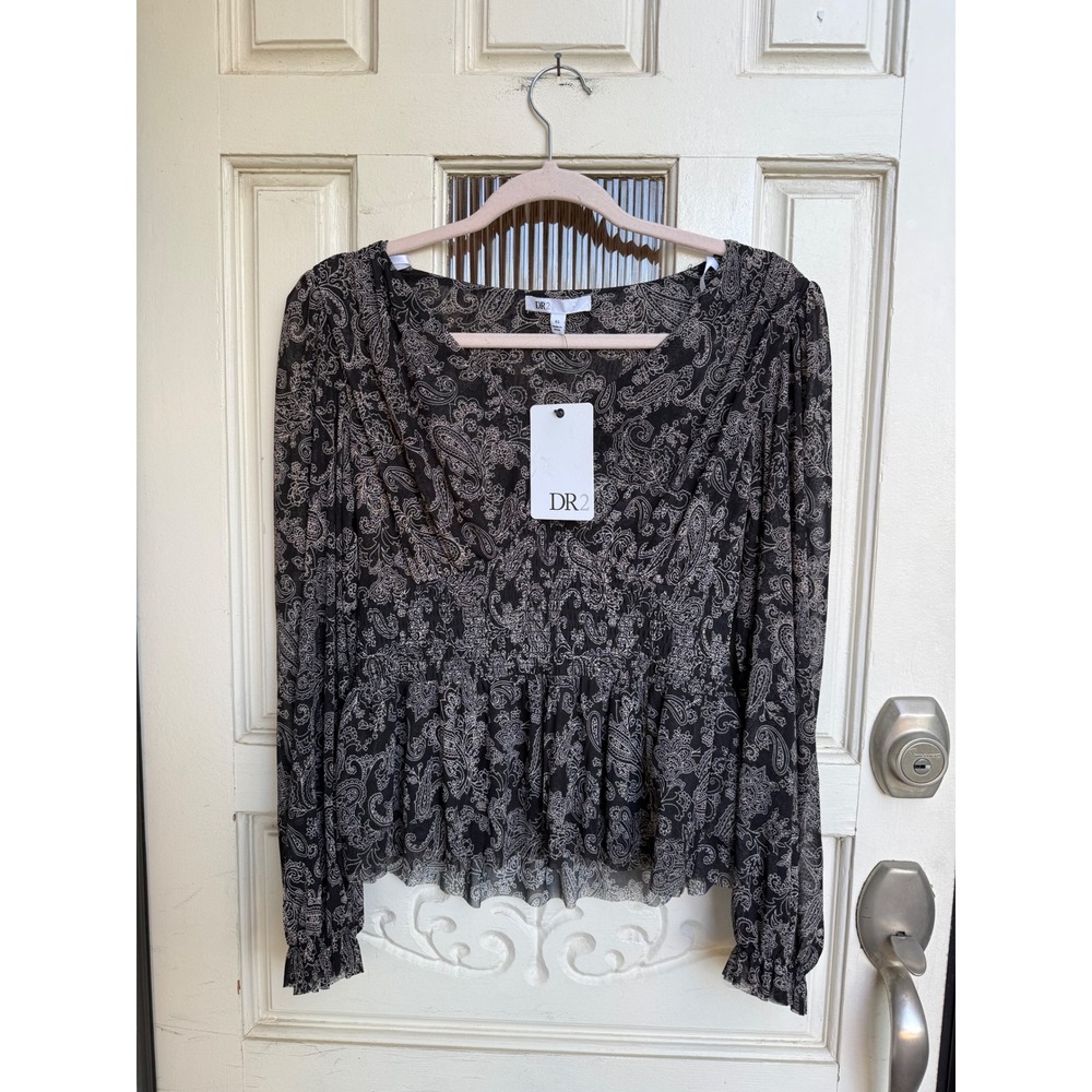 DR2 Womens Paisley Smocked Waist Peplum Blouse Top Black White Size XS ‎ NEW